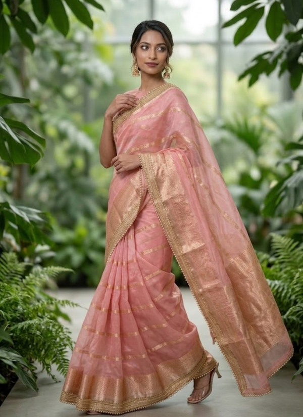 Pink Banarasi Organza Saree with Blouse Piece