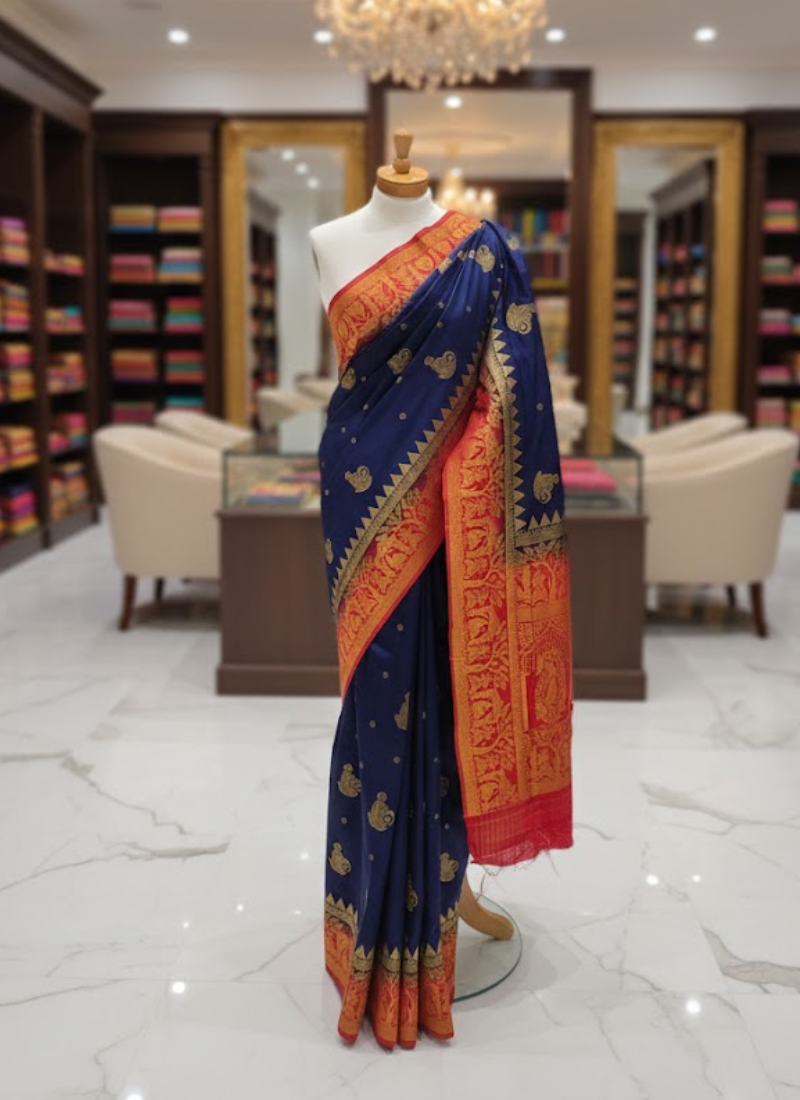 Baluchuri Silk Saree – Navy Blue & Red Border With blouse Piece