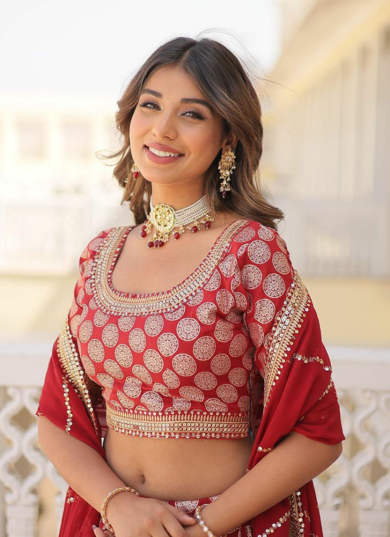 Red Viscose Jacquard Bridal Lehenga Choli with Sequins Embroidery + Georgette Dupatta