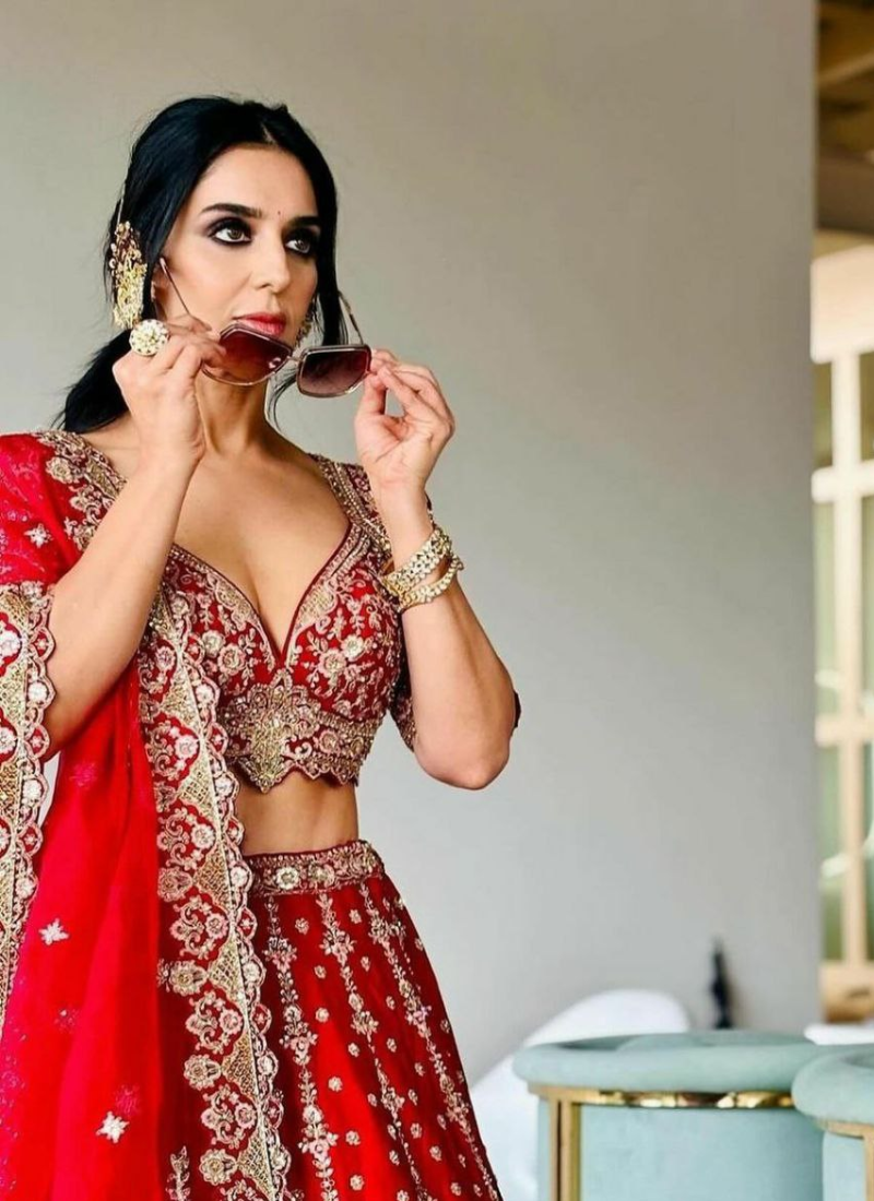 Red Malai Satin Bridal Lehenga Choli with Sequins Embroidery + Organza Silk Dupatta