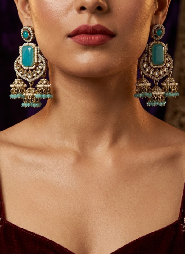 Sky Blue Kundan Earrings with Jhumki