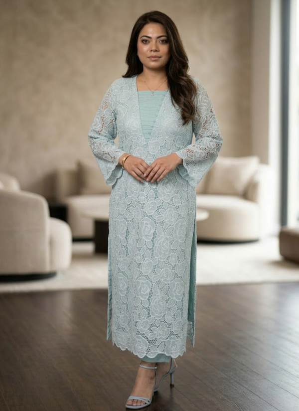 Light Pest Silk Chikankari Co‑Ord Set with Divider Bottom