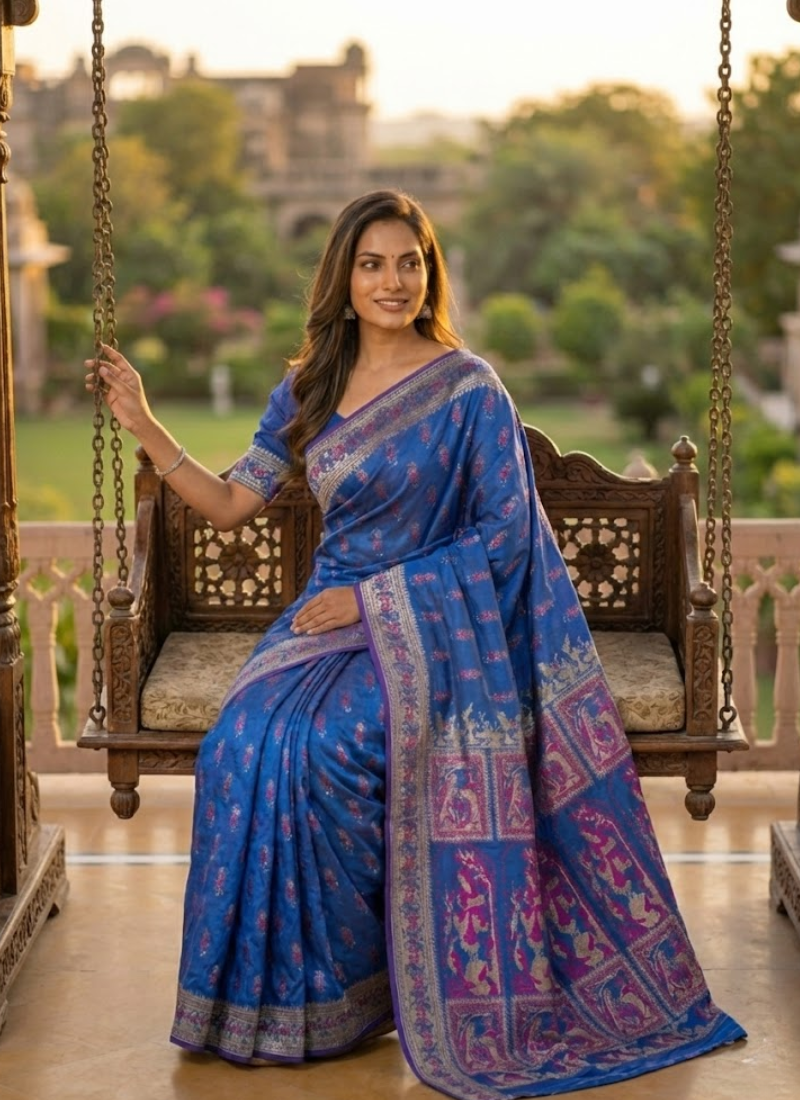 Royal Blue Sharnachura Silk Saree – Zari Work with Blouse Piece
