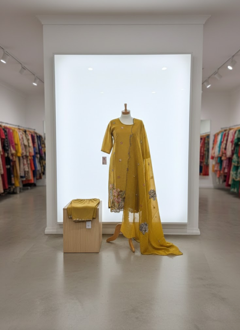 Crepe Silk Salwar Suit – Gold Yellow with Floral Embroidery