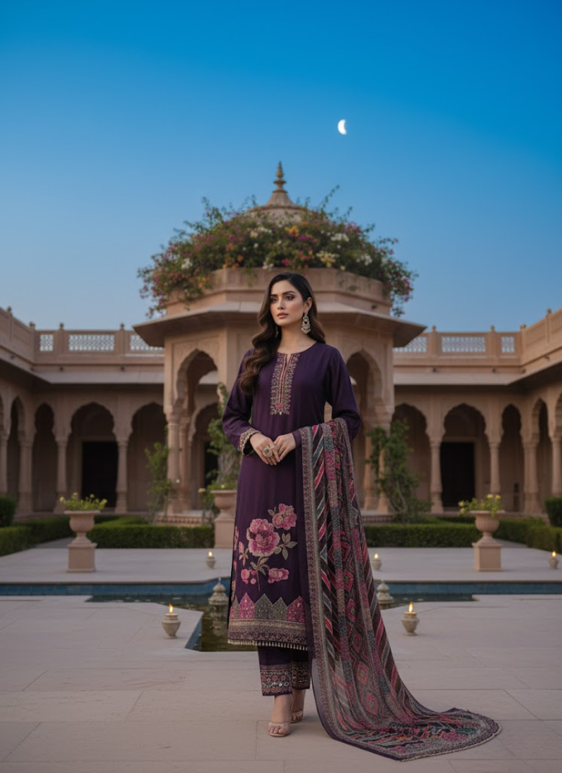 Silk Salwar Suit – Hand Embroidery with Chiffon Dupatta