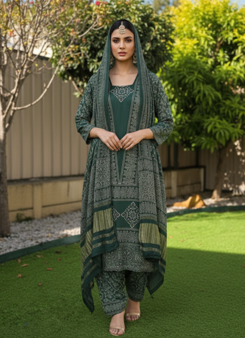 Green Ajrak Salwar Kameez – Pure Modal Fabric with Jari Border Dupatta