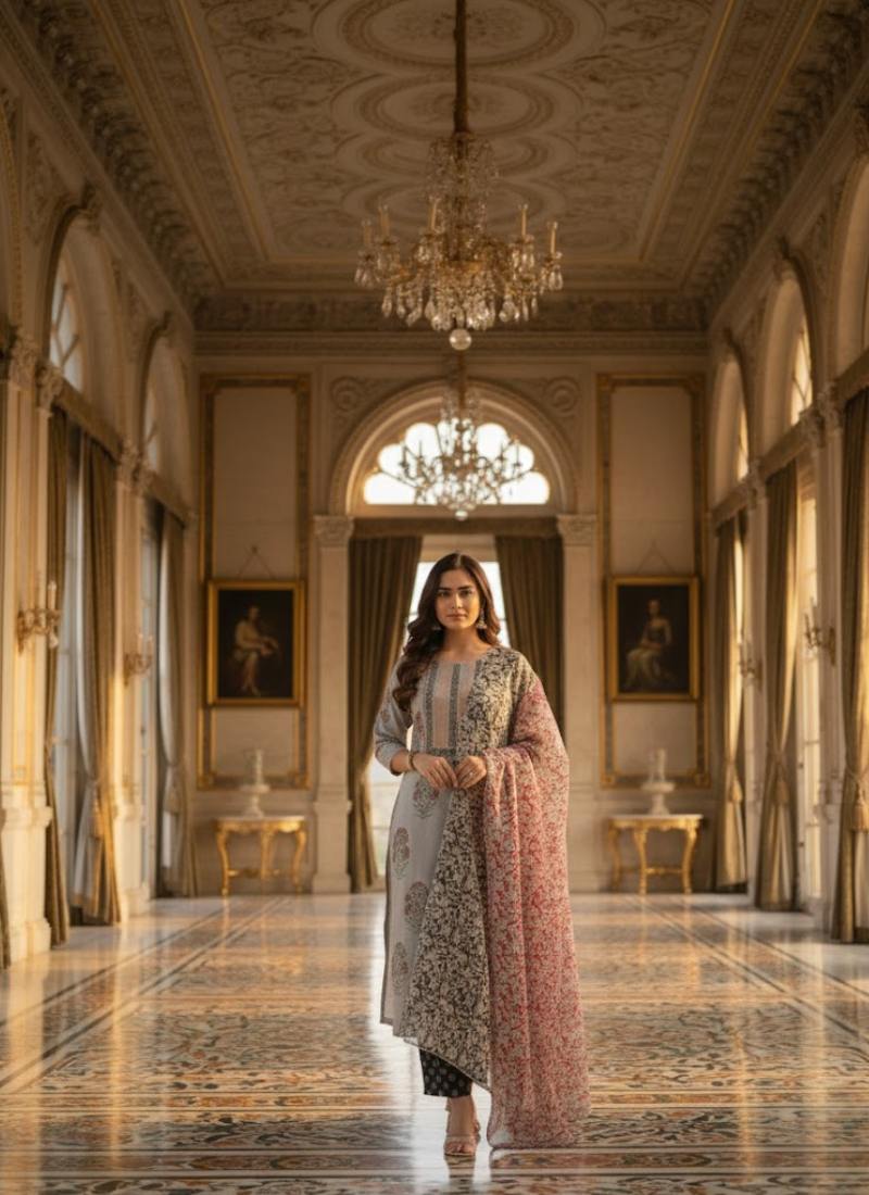 Cotton Block Printed Salwar Suit – Ash & Red