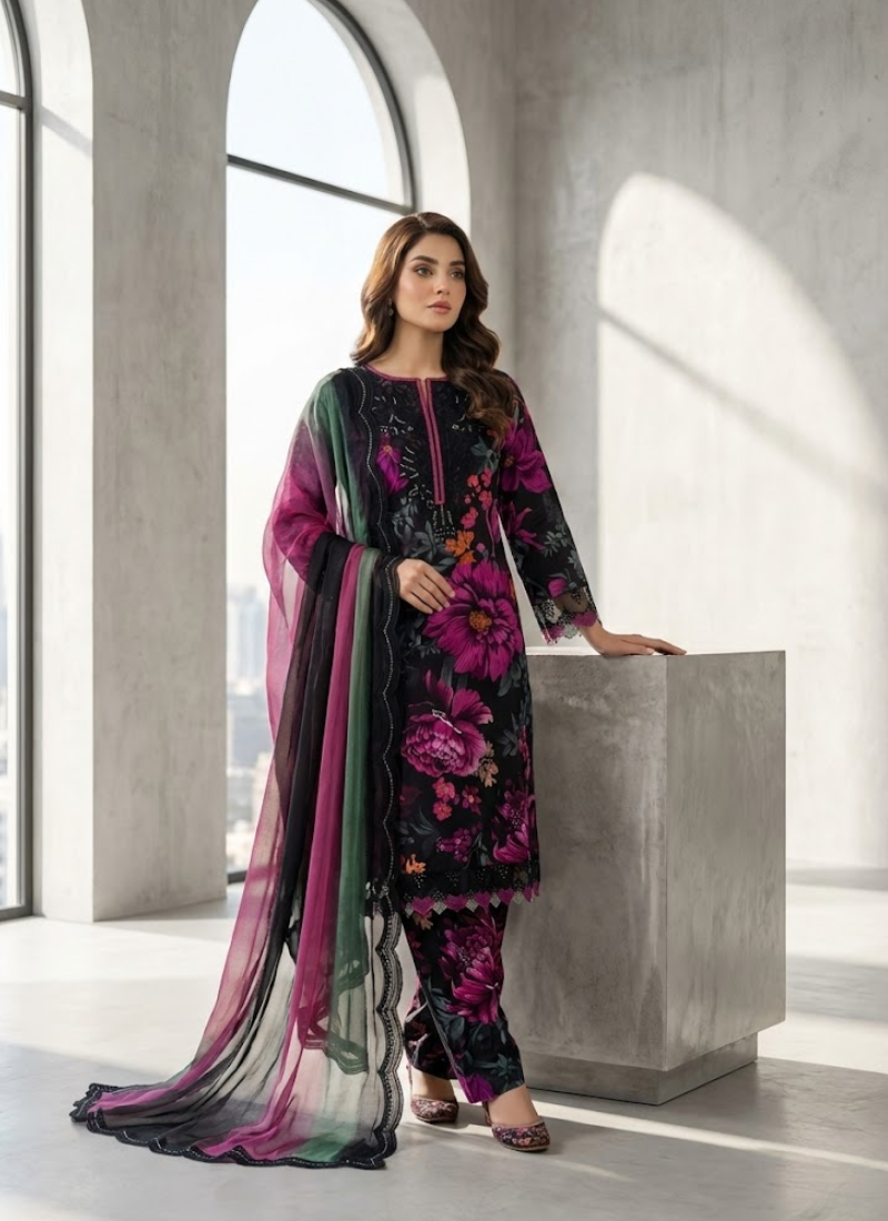 Women’s lawn cotton salwar kameez with chiffon dupatta, embroidered sleeves, and festive detailing.