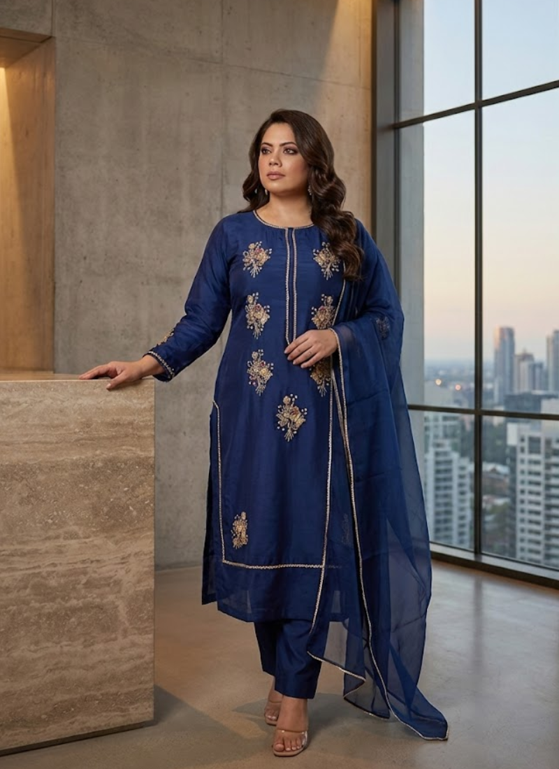 Navy blue silk salwar kameez suit with zari and sequence handwork, Kota net dupatta, and sleeve detailing.