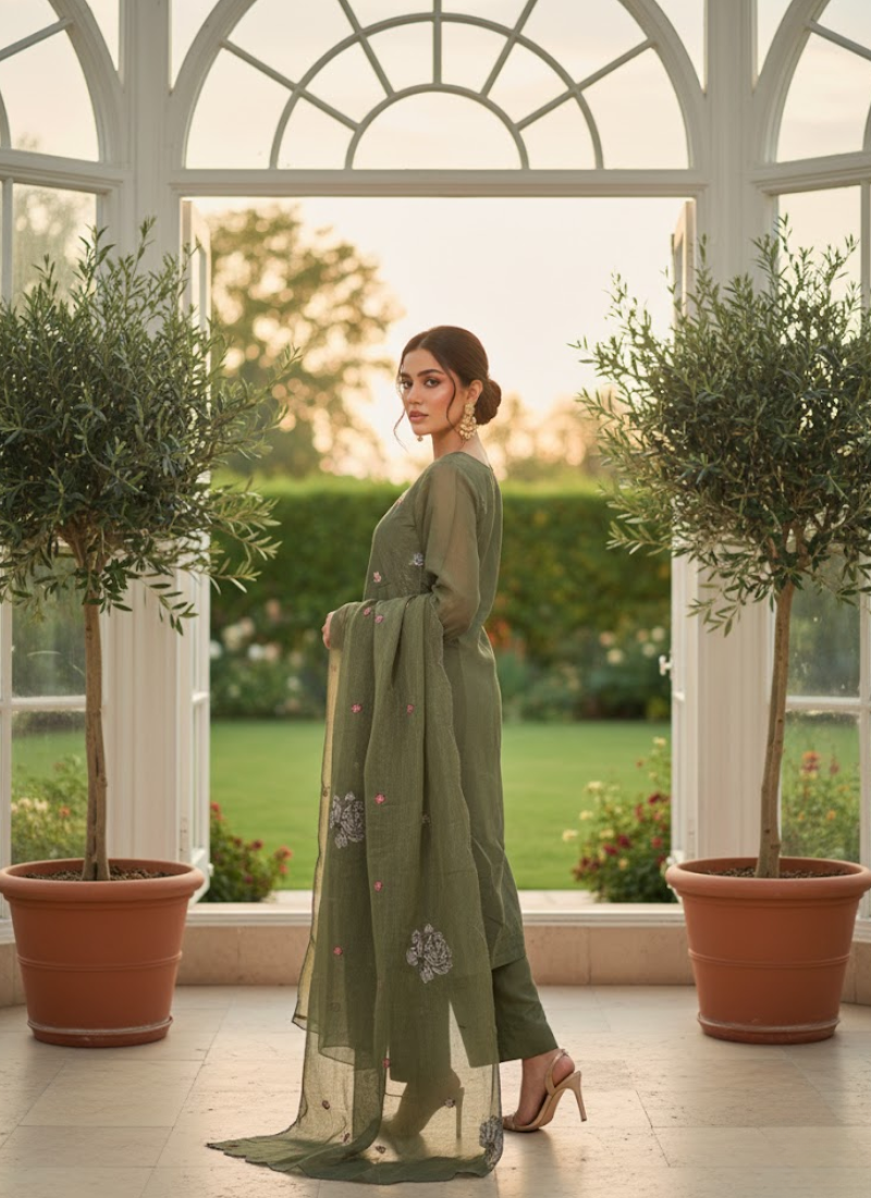 Crepe Silk Salwar Suit – Green with Floral Embroidery