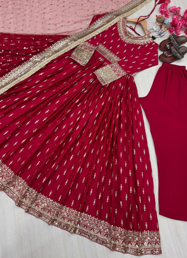 Heavy Chinon Silk Gown Set with Butterfly Net Dupatta