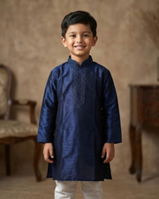 Kids Navy Blue Raw Silk Kurta with White Cotton Pyjama 4