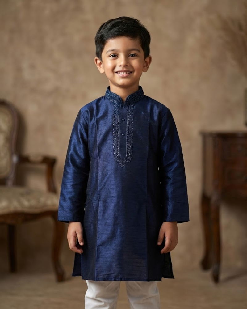 Kids Navy Blue Raw Silk Kurta with White Cotton Pyjama