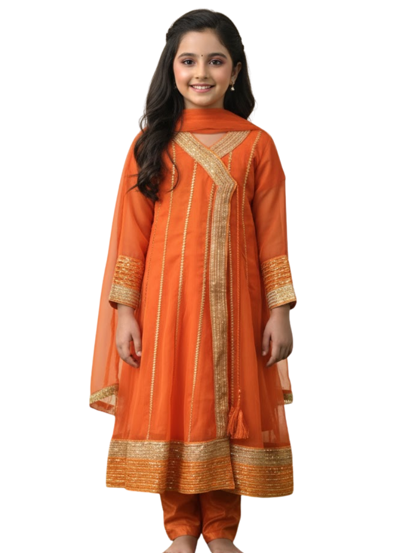 Orange Chiffon Kids Anarkali Dress – Angrakha Style