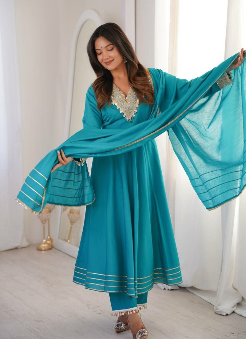 Roman Fabric Gown Set with Dupatta – Embroidery & Lace