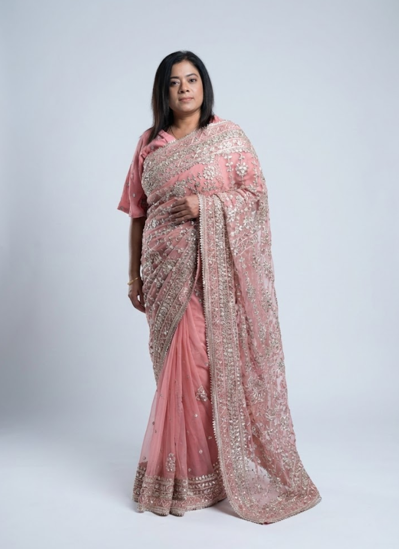 Pink Gotapatti Saree with Handmade Embroidery + Stitched Blouse & Petticoat