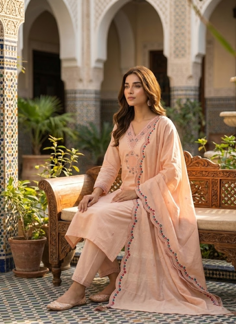 Light Peach Roman Silk Punjabi Suit with Embroidery & Sequence Dupatta