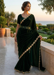 Forest Green Silk Saree in Velvet with Sequins Butti Embroidery, Cutwork & Belt + Blouse 3