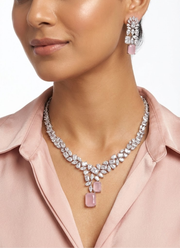 Diamond Cut Necklace & Earring Set with Pink Stone 6