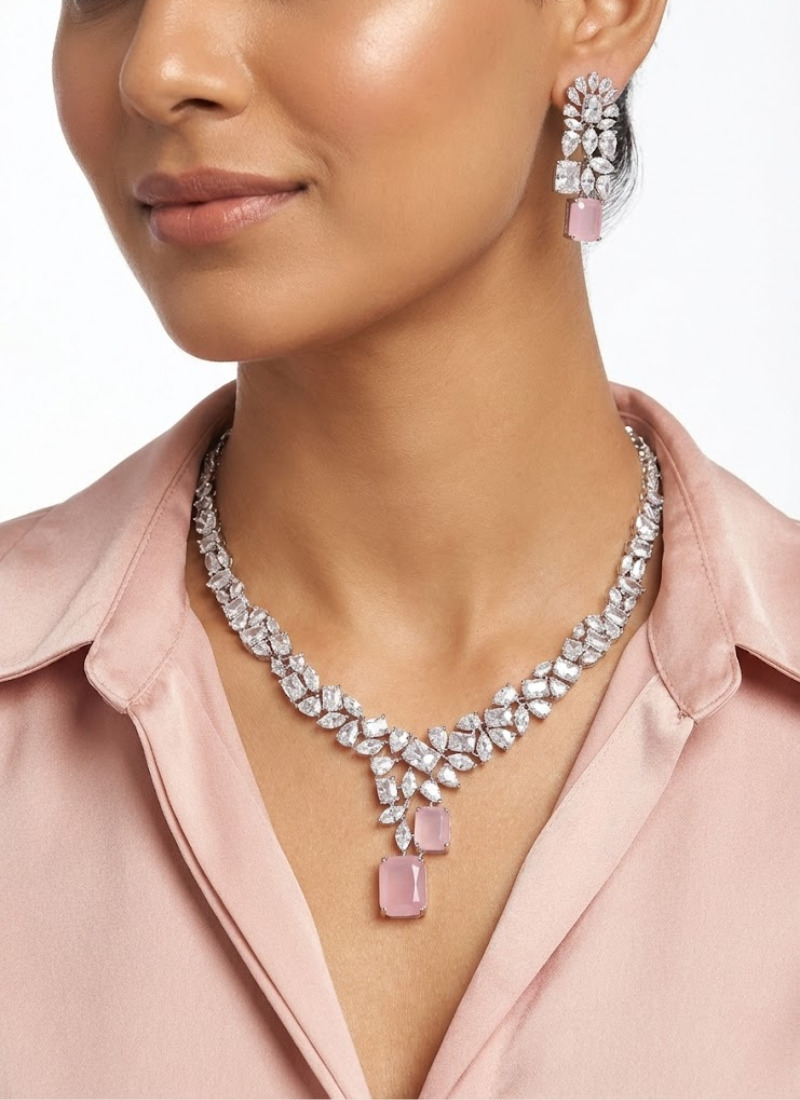 Diamond Cut Necklace & Earring Set with Pink Stone