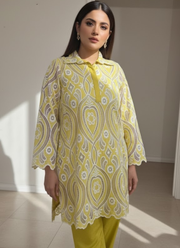 Yellow Silk Chikankari Co-Ord Set with Divider Bottom 6