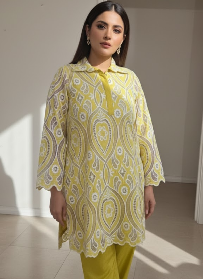 Yellow Silk Chikankari Co-Ord Set with Divider Bottom - View 5