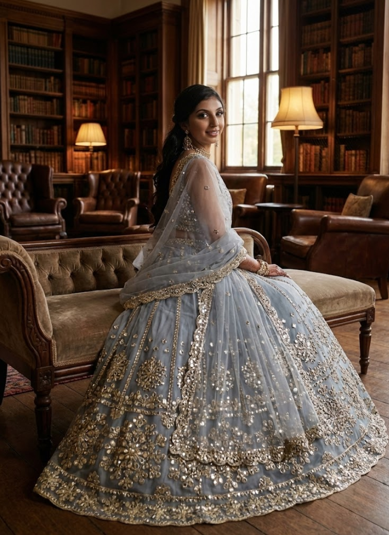 Net Lehenga Choli with Foil Paper & Zari Embroidery + Banglori Satin Blouse & Dupatta