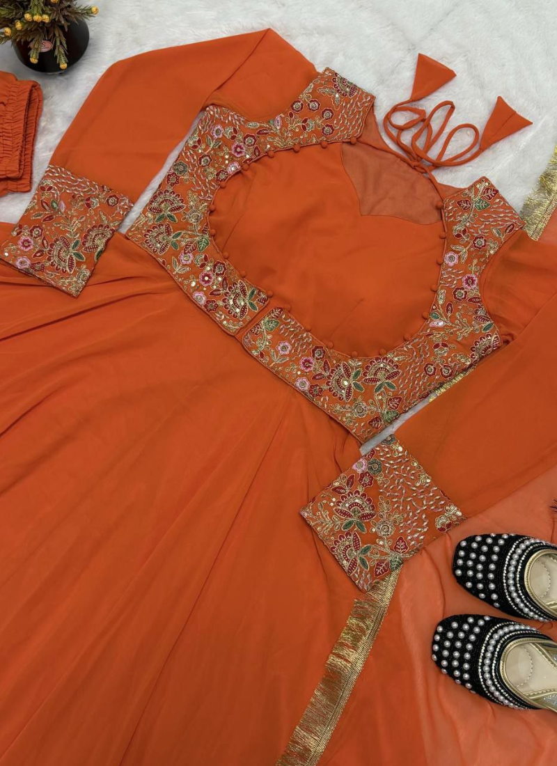 Orange Faux Georgette Anarkali Gown with Embroidery + Pant & Dupatta
