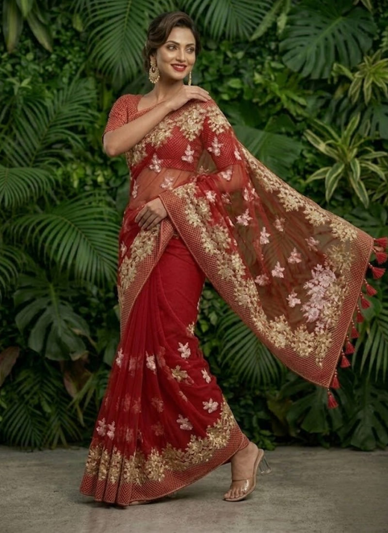 Pure Maslin Saree with Embroidery &amp; Matching Blouse Piece