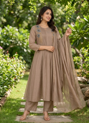 Pure Mul Chanderi Kurta Pant Dupatta Set | Indian Occasion Wear Online Australia 6