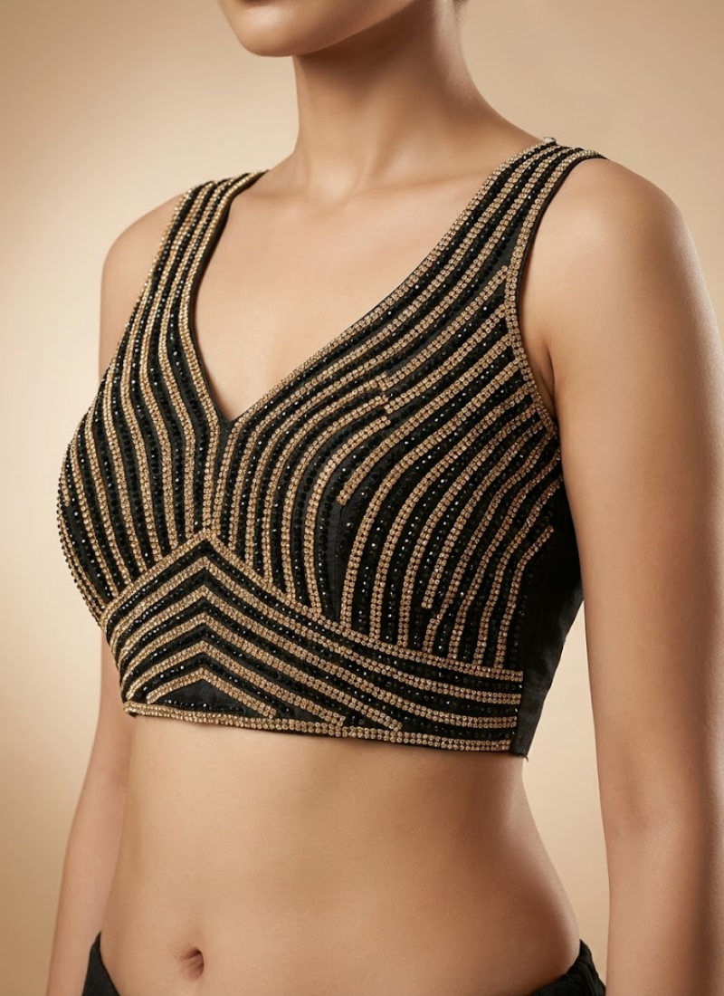 Fancy sleeveless pure silk blouse with heavy pearl work, padded fit, and back open style.