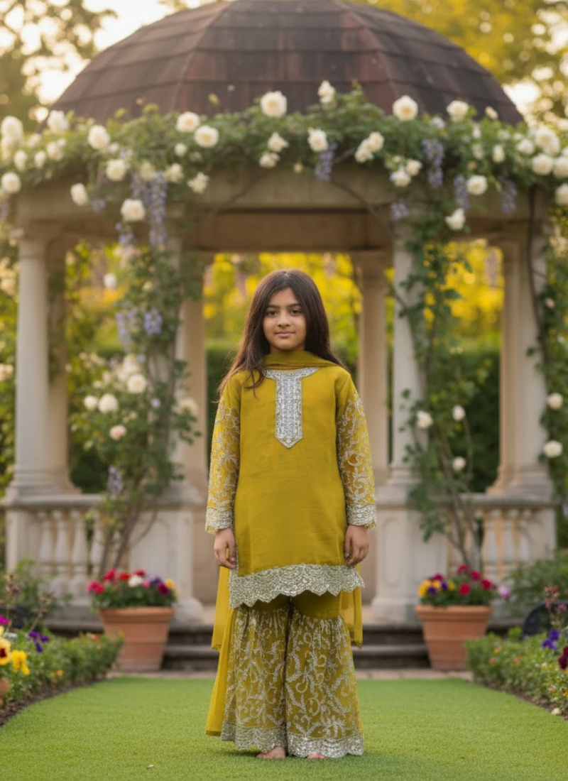 Olive Green Chiffon Kids Sharara Suit – Ethnic Wear for Girls