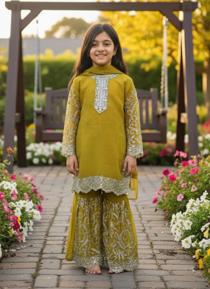 Olive Green Chiffon Kids Sharara Suit – Ethnic Wear for Girls