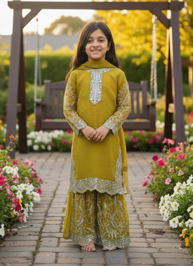 Olive Green Chiffon Kids Sharara Suit – Ethnic Wear for Girls
