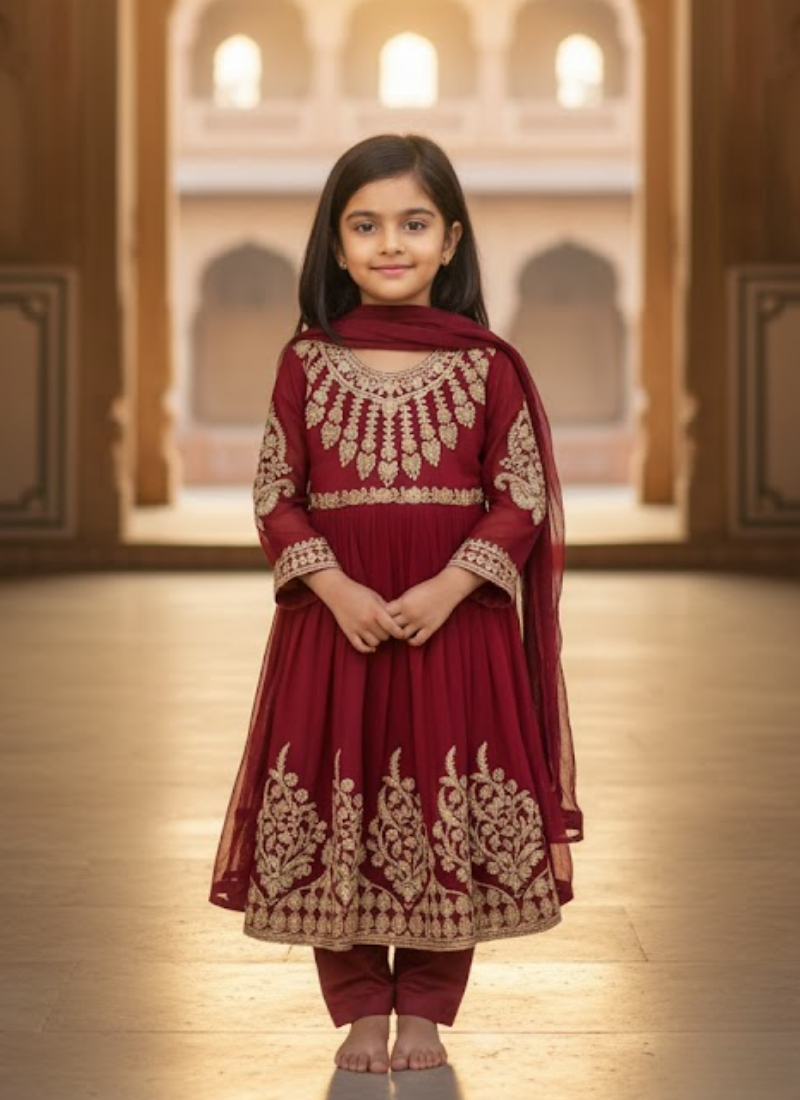 Red Chiffon Anarkali Dress for Kids – Festive Wear