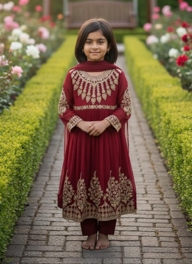 Red Chiffon Anarkali Dress for Kids – Festive Wear
