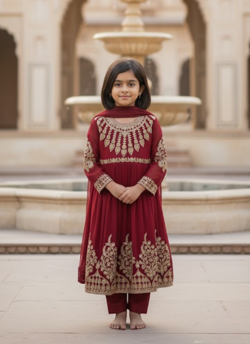 Red Chiffon Anarkali Dress for Kids – Festive Wear