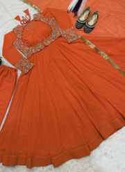 Orange Faux Georgette Anarkali Gown with Embroidery + Pant & Dupatta 7