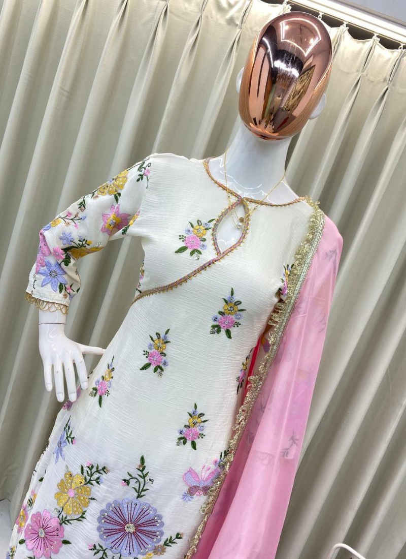 Churidar Suit in Chinon with Sequins Embroidery + Printed Organza Dupatta