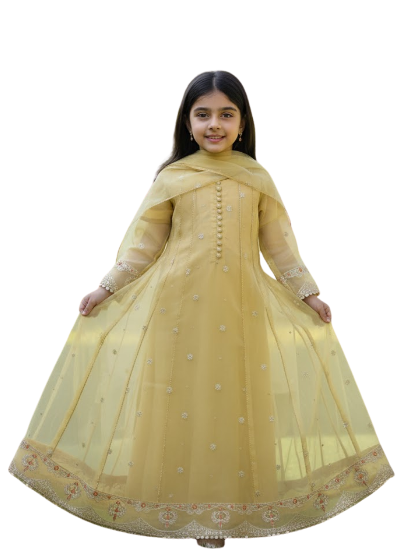 Beige Organza Kids Anarkali Dress – Elegant Ethnic Wear