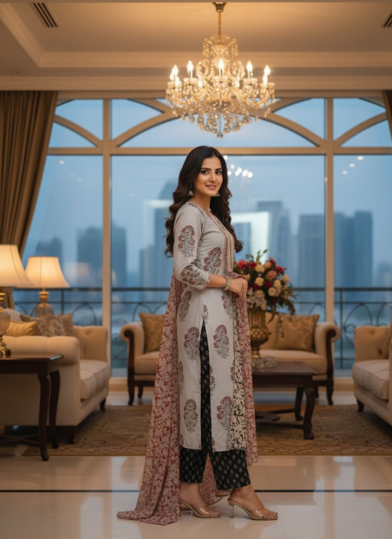 Cotton Block Printed Salwar Suit – Ash & Red