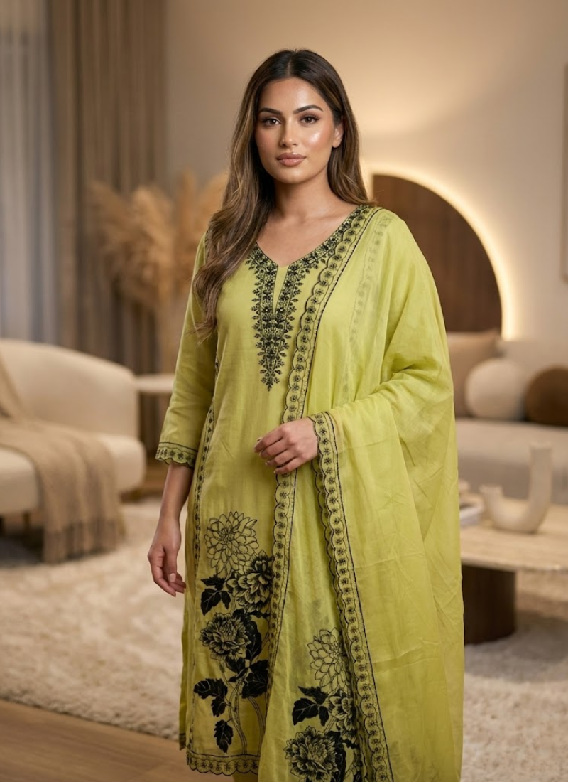 Light Lemon Maslin Salwar Suit with Black Thread Embroidery