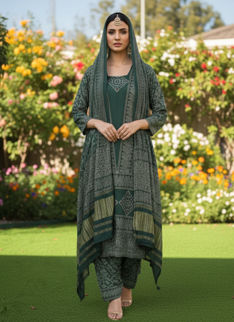 Green Ajrak Salwar Kameez – Pure Modal Fabric with Jari Border Dupatta