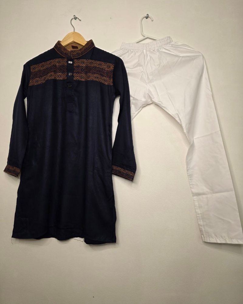 Kids Navy Blue Linen Kurta with Embroidery & White Cotton Pyjama