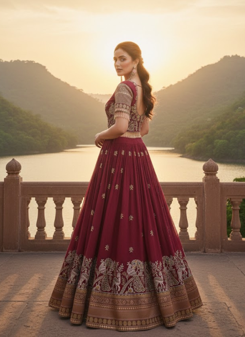 Pure Vichitra Embroidered Lehenga Choli Ensemble