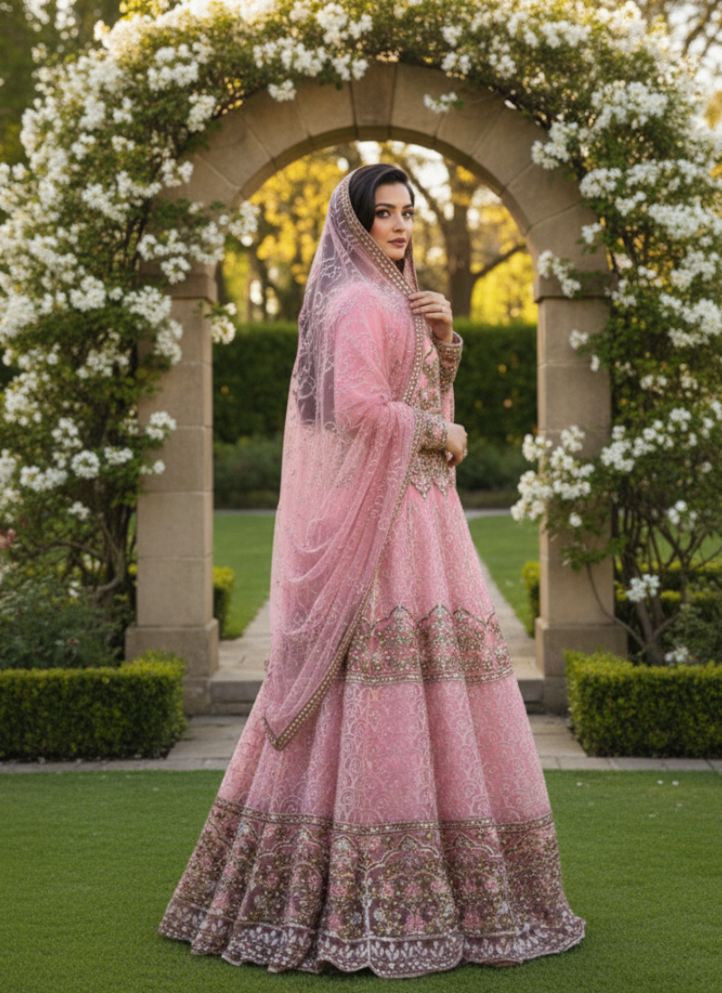 Pink Pakistani Anarkali Suit – Net Fabric with Embroidery