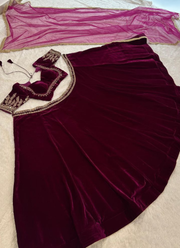 Velvet Lehenga Choli with Sequins & Dori Work + Net Dupatta (Flair 3.5m) 7