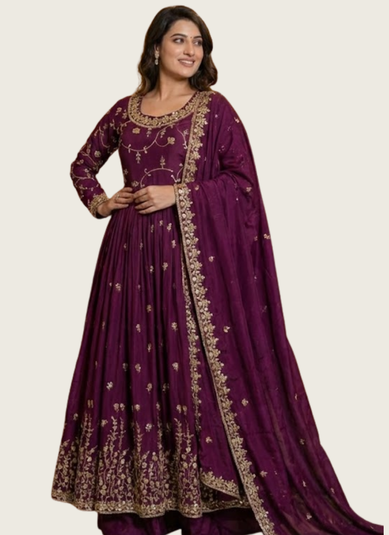 Rama Anarkali Gown in Chinon with Sequins Embroidery + Sharara & Dupatta