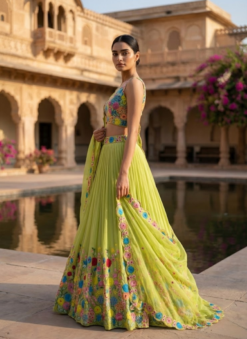 Tabby Organza Silk Lehenga Choli with Thread & Sequins Embroidery + Lace Dupatta