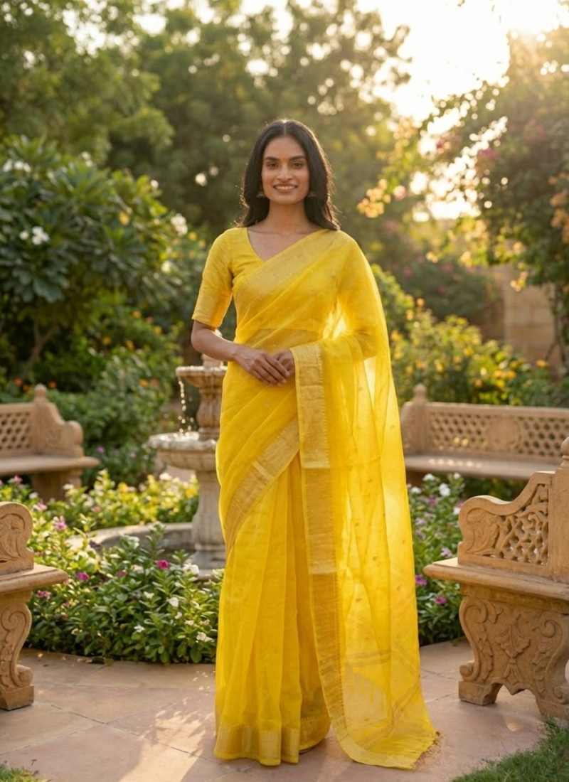 Bright Yellow Jamdani Saree with Mari Thread Work